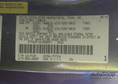 2016 Toyota Tundra Sr5 5.7L V8 from USA, damaged, VIN 5TFDW5F10GX558557